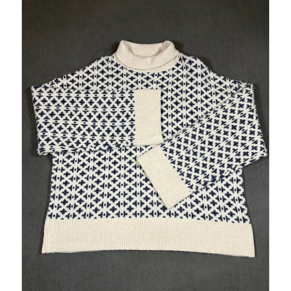 For The Republic Sweater Womens XL‎ Ivory Blue Geometric Knit Mock Neck Pullover